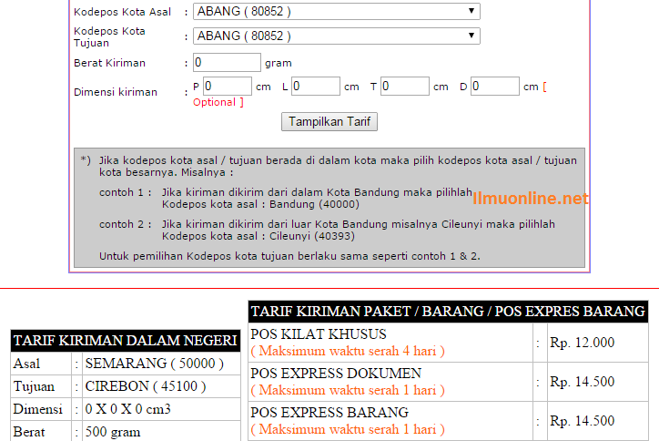 Cek tarif pos indonesia
